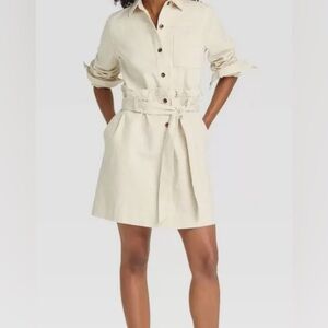 Who What Wear Cream Belted Denim Mini Dress Long Sleeved